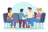 Illustration d'un groupe de personnes, assises sur des chaises, elles discutent ensemble