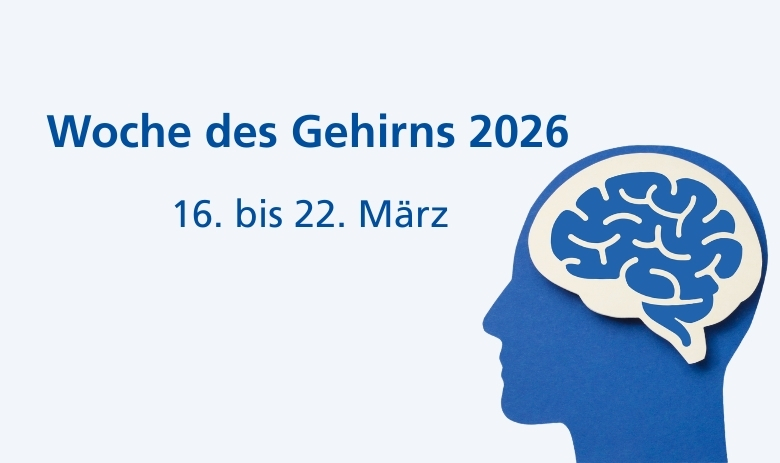 Seitlicher Umriss eines Kopfs mit Gehirn. Daneben steht der Text "Woche des Gehirns 2026, 16. bis 22. März"